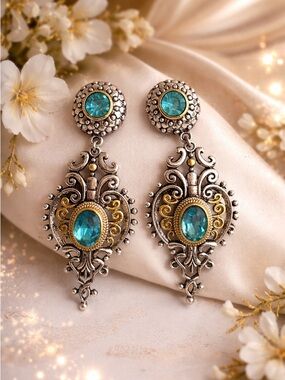 Victorian Style Blue Crystal Dangle Earrings Filigree Duel Tone